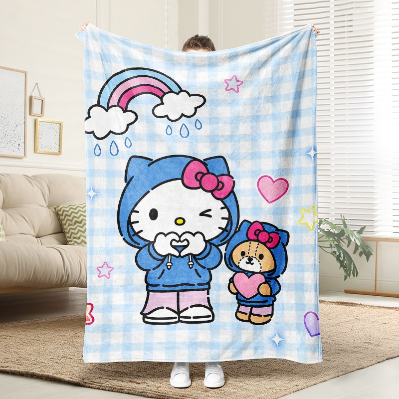 Christmas Throw Blanket - サンリオブランケット ハローキティ ベア柄 チェック柄フリースブランケット、寝室やリビングルームにぴったりの心地よい柔らかなスローケット、レインボークラウドハートデザイン