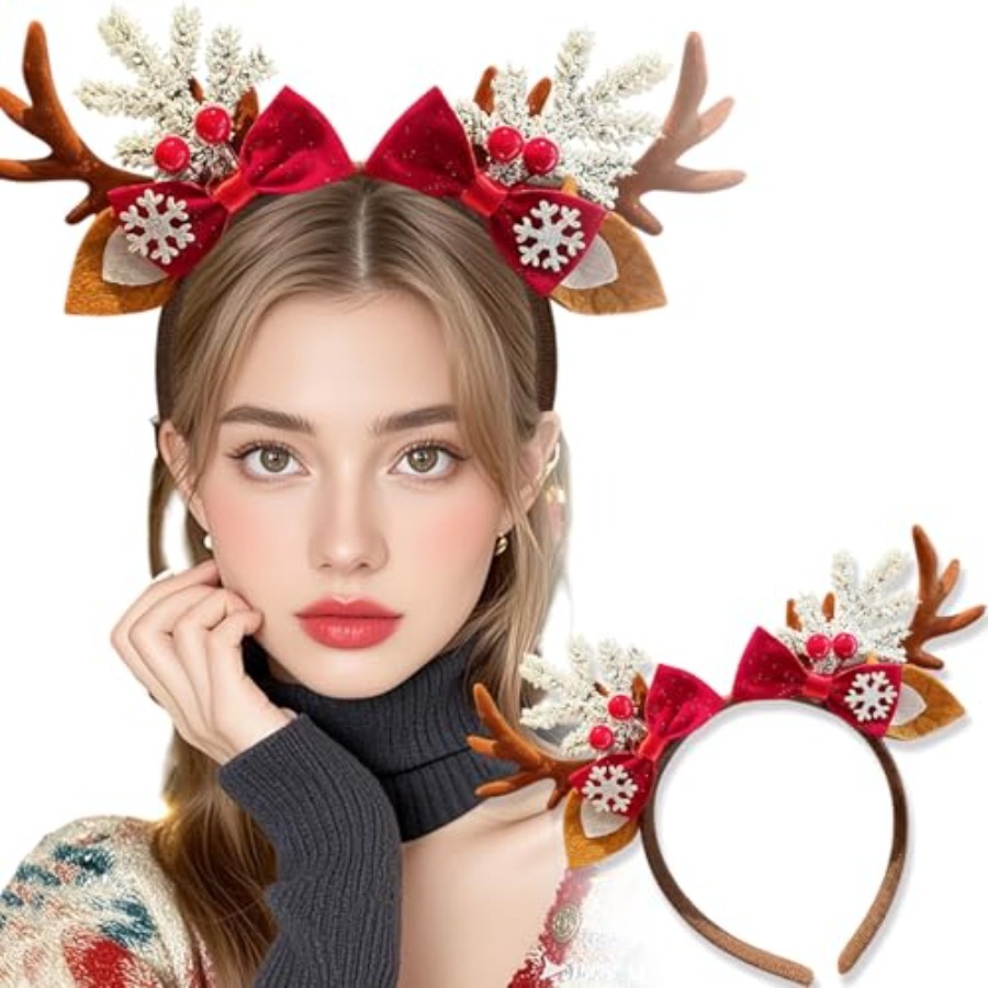 Reindeer Antlers Headband - 女性用のかわいいクリスマスヘッドバンド、トナカイの鹿の角のヘアバンド、リボンと雪の結晶のヘアアクセサリー、クリスマスエルクのヘッドバンド