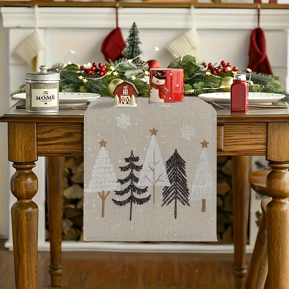 Christmas Table Runner - 1個 秋のクリスマスツリー柄テーブルランナー、リネン生地のホリデーテーブルデコレーション、ホームキッチンダイニングルームのお祝いの装飾に