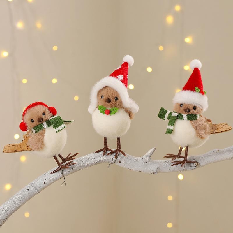 Santa Hat Plush - クリスマスぬいぐるみ鳥の飾り サンタ帽子とスカーフ付き かわいい柔らかいぬいぐるみ装飾 クリスマスツリー ホームホリデーパーティーデコレーション用