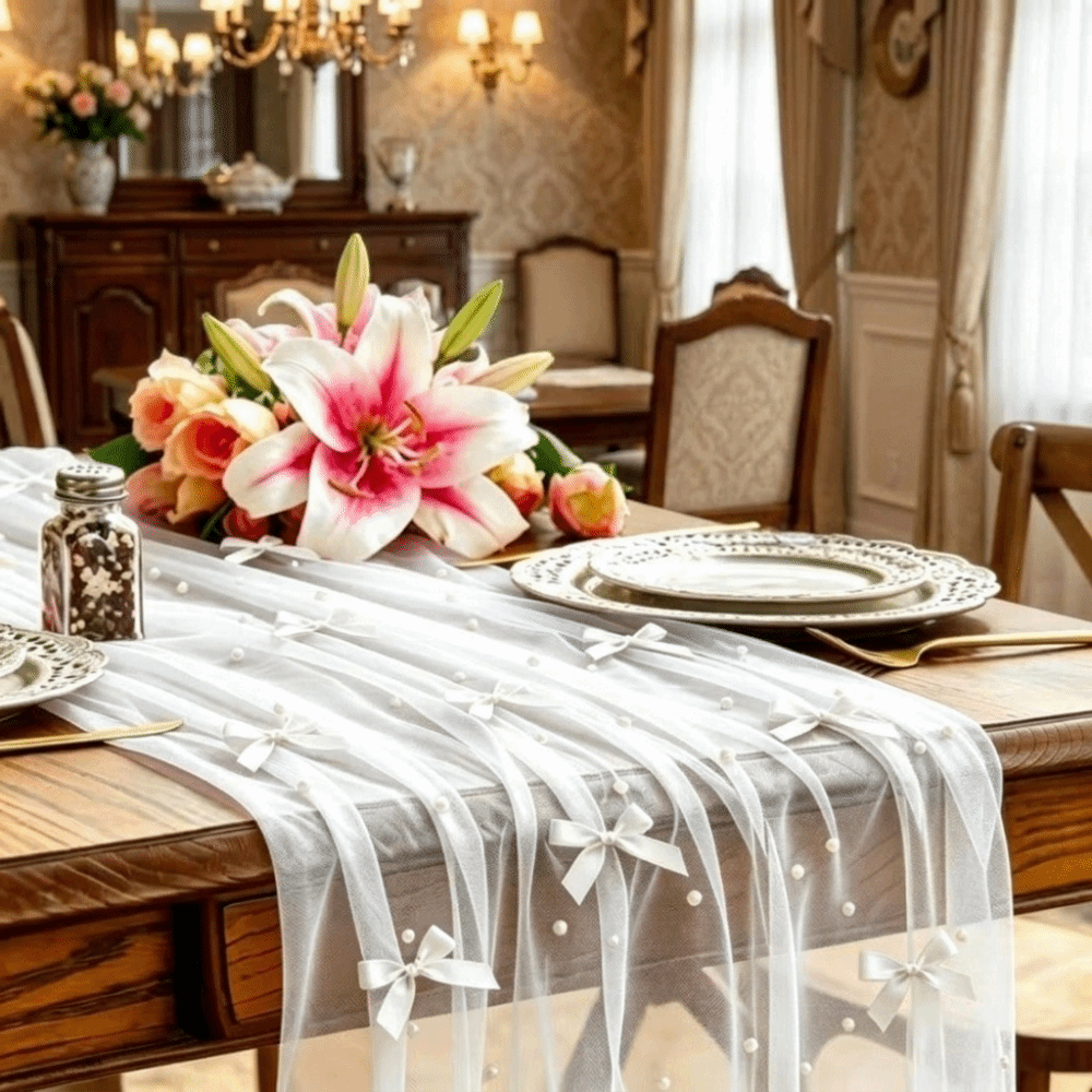 ロマンチックなボウパールシフォンランナー、半透明ポリエステル - Christmas Table Runner のレビューと価格
